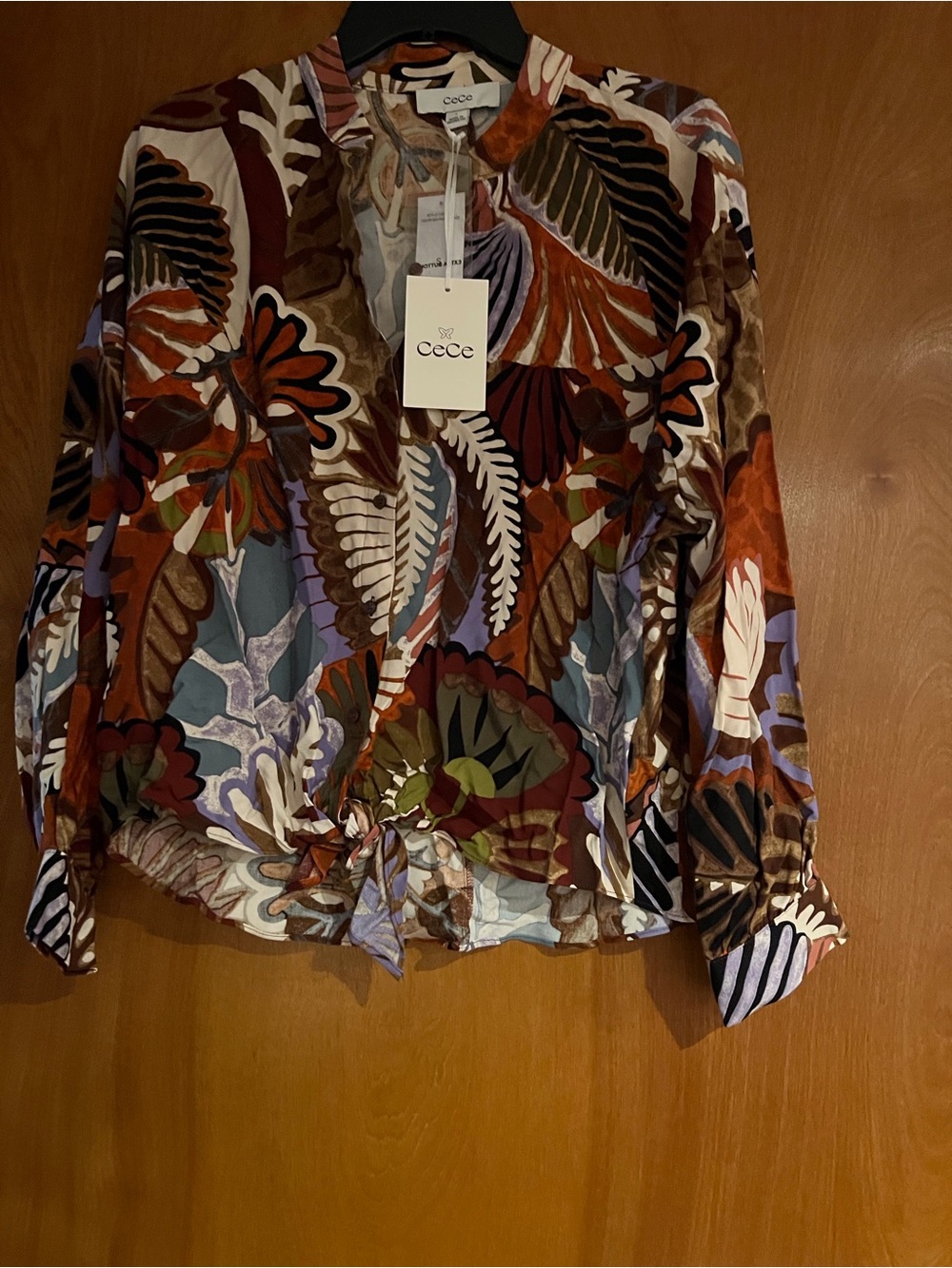 CeCe Multicolor Botanical Tie-Front Blouse